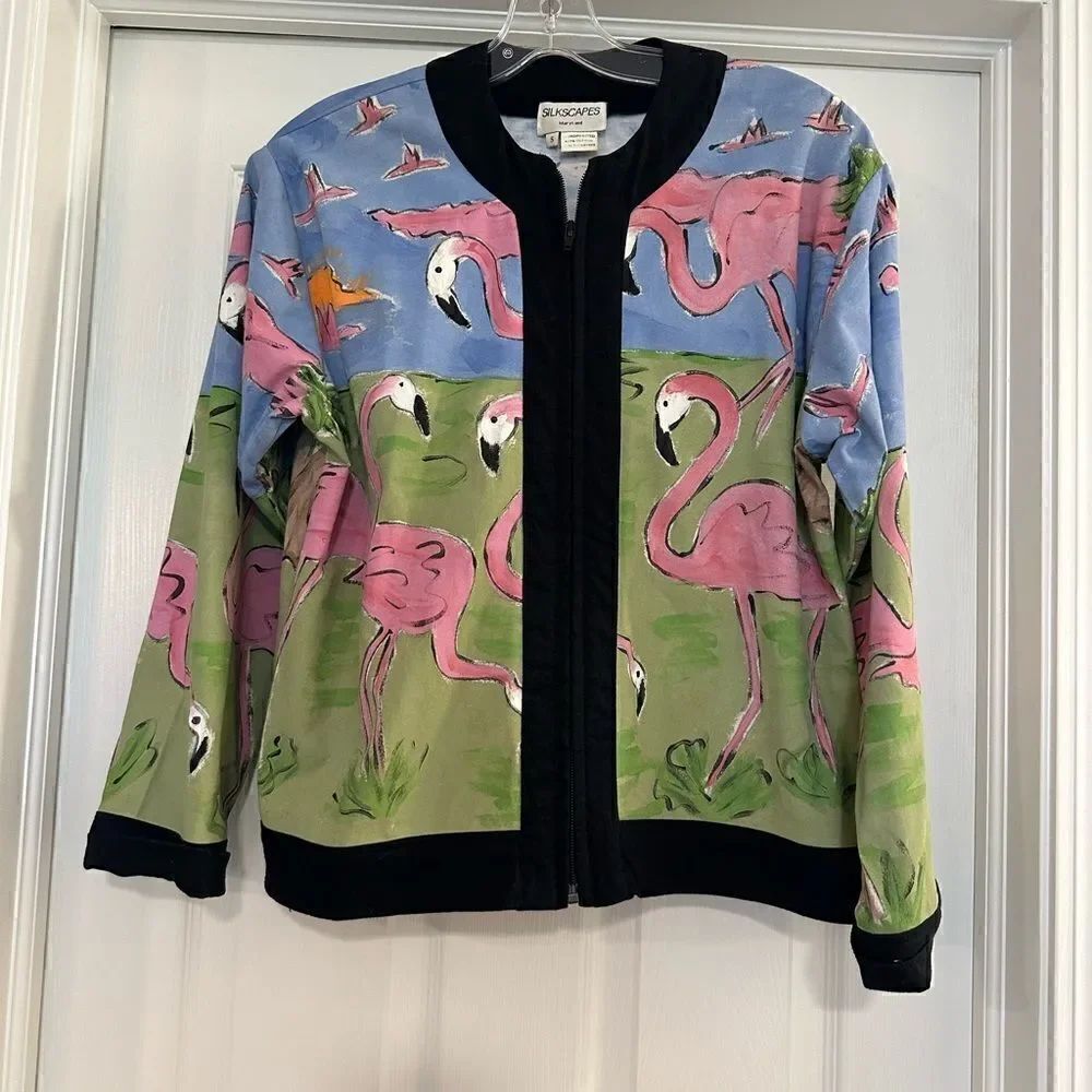 Vintage 80's Silkscapes Jacket Flamingos hand painted small